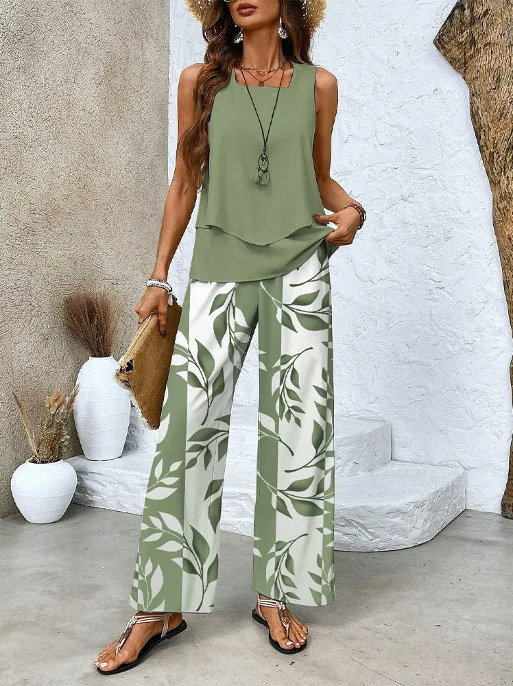 Elegant Square Collar Top Wide Leg Pants Two-piece Set 2025 New Women's Sleeveless Double-layer Vest Pants Set Woman Rompers
