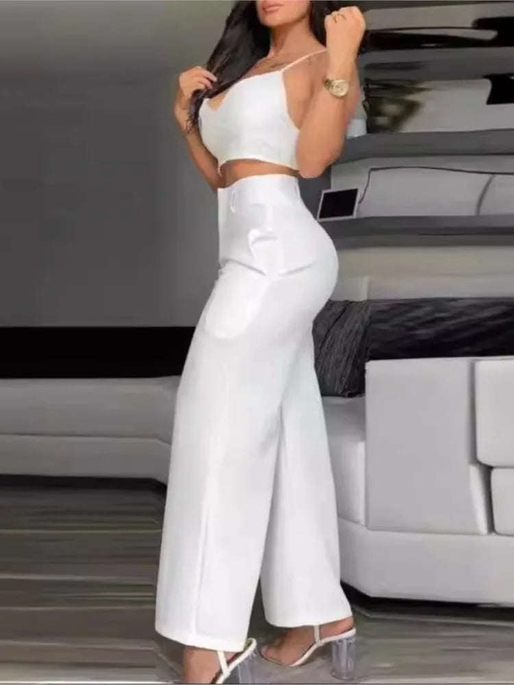 Women's Fashion Solid 2 Piece Sets Sexy V Neck Spaghetti Strap Short Tops + High Waist Wide Leg Pants Two Piece Sets Lady Summer