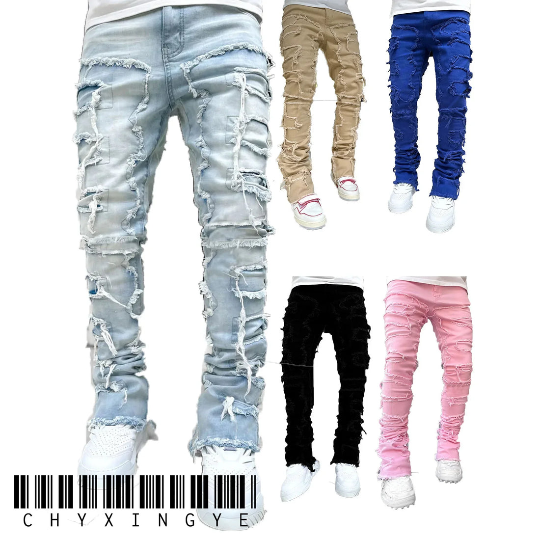 New European Camo Pants Men High Street Slim Fit Stretch Patched Denim Ripped Male's Stacked Jeans Men's camouflage jeans