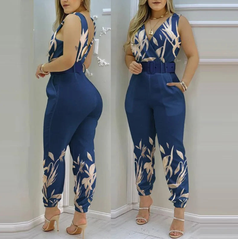 New Casual Women's Pants Women's V-neck Open Back Printed High Waist Jumpsuit Women (including Belt) Spring and Summer 2023