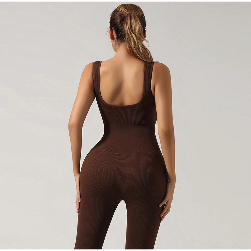 Women Workout Seamless Jumpsuit Yoga Ribbed Bodycon One Piece Square Neck Leggings Romper