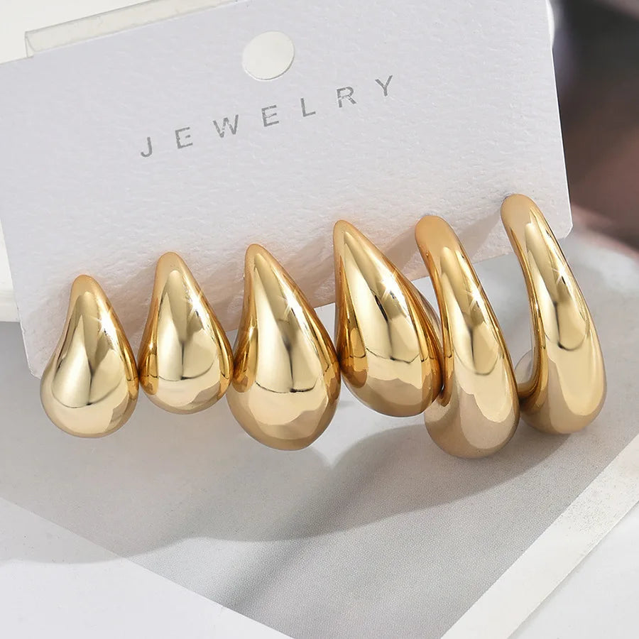 6Pcs Classic Geometry Glossy Ccb Gold Plated Waterdrop C Shape Hoop Earrings Set for Women Teens Vintage Daily Wear Ear Jewelry