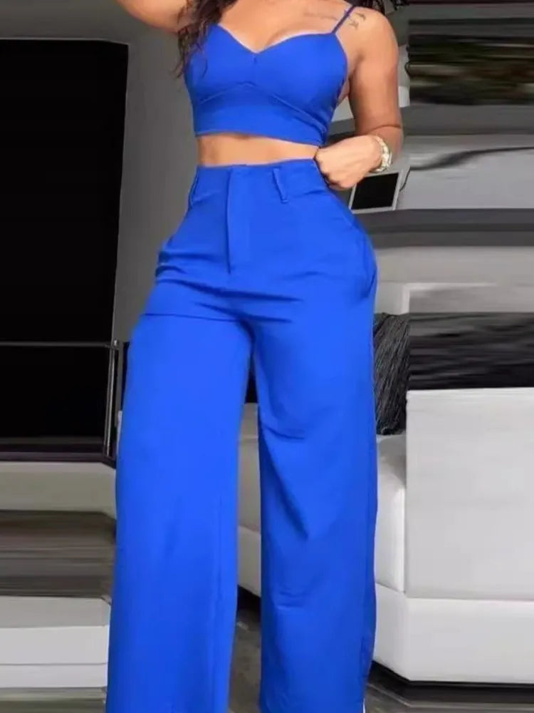 Women's Fashion Solid 2 Piece Sets Sexy V Neck Spaghetti Strap Short Tops + High Waist Wide Leg Pants Two Piece Sets Lady Summer