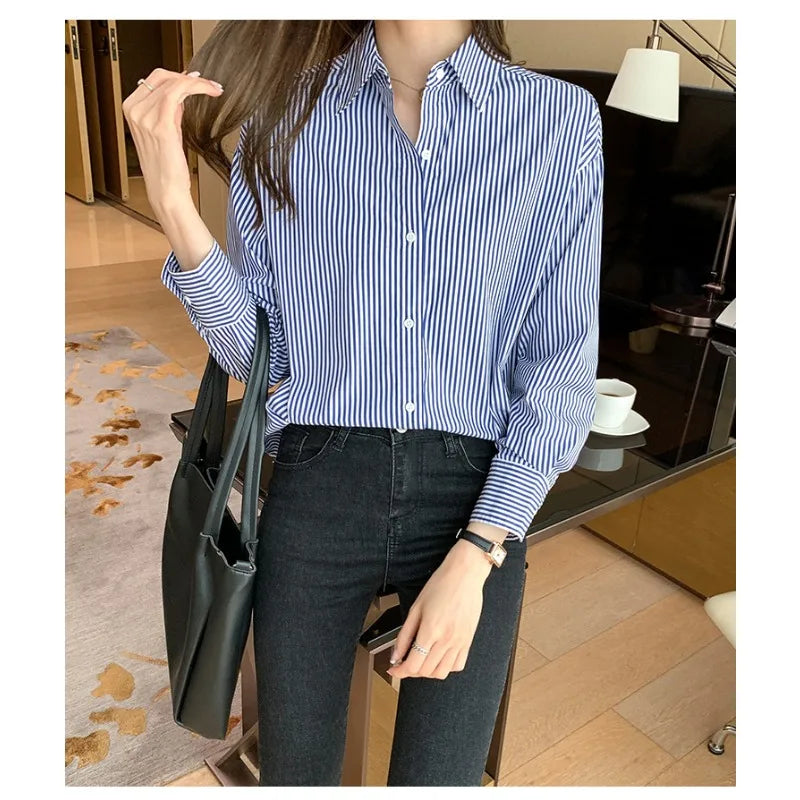 Korean Loose Shirt Classic Striped Woman Spring Autumn Blouses Shirt Lady Long Lantern Sleeve Stand Collar Loose Blusas Tops