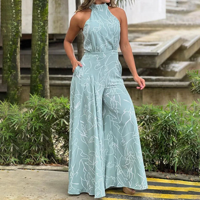 Women's New Fashion Round-neck Sexy Printed Jumpsuit Trousers Simple Sleeveless High Waist Tie Temperament Commuting Jumpsuit
