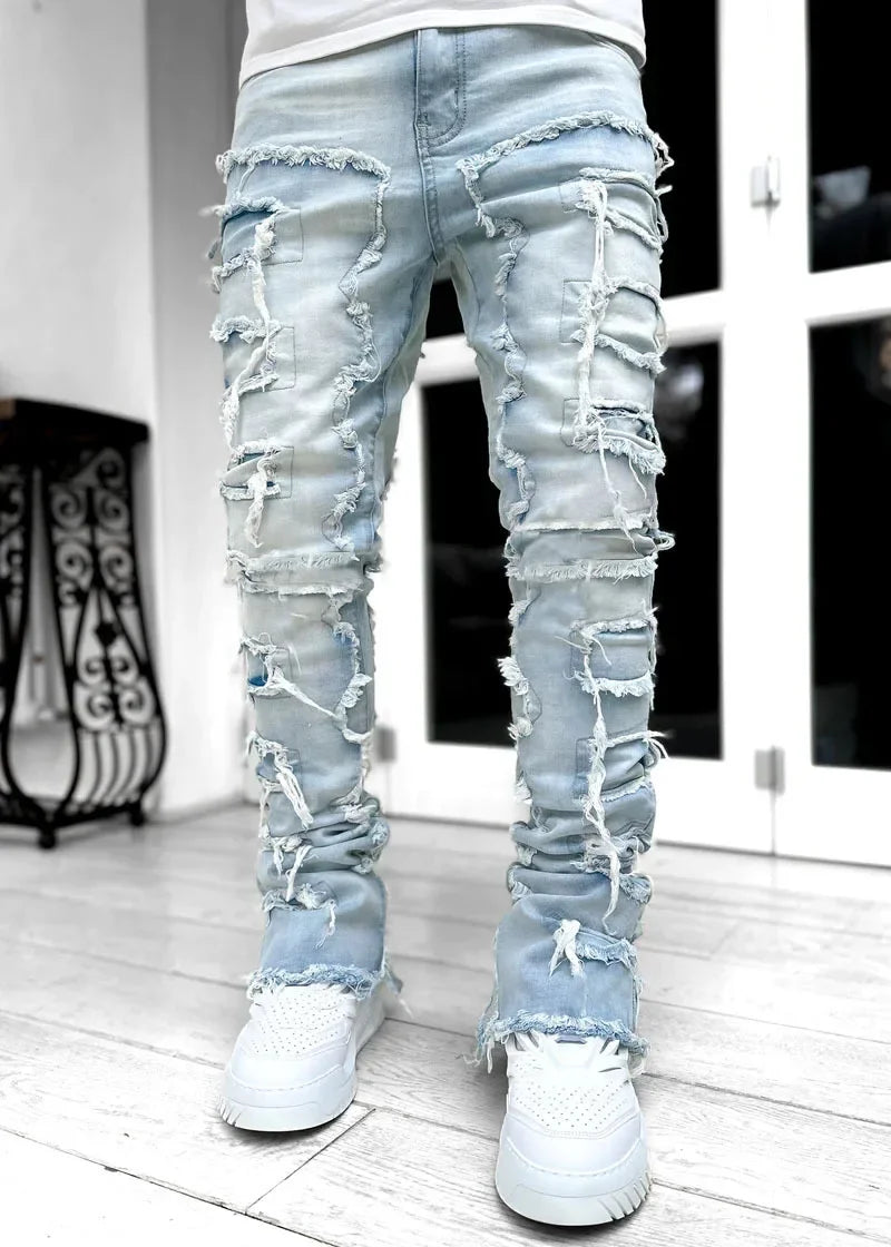 New European Camo Pants Men High Street Slim Fit Stretch Patched Denim Ripped Male's Stacked Jeans Men's camouflage jeans