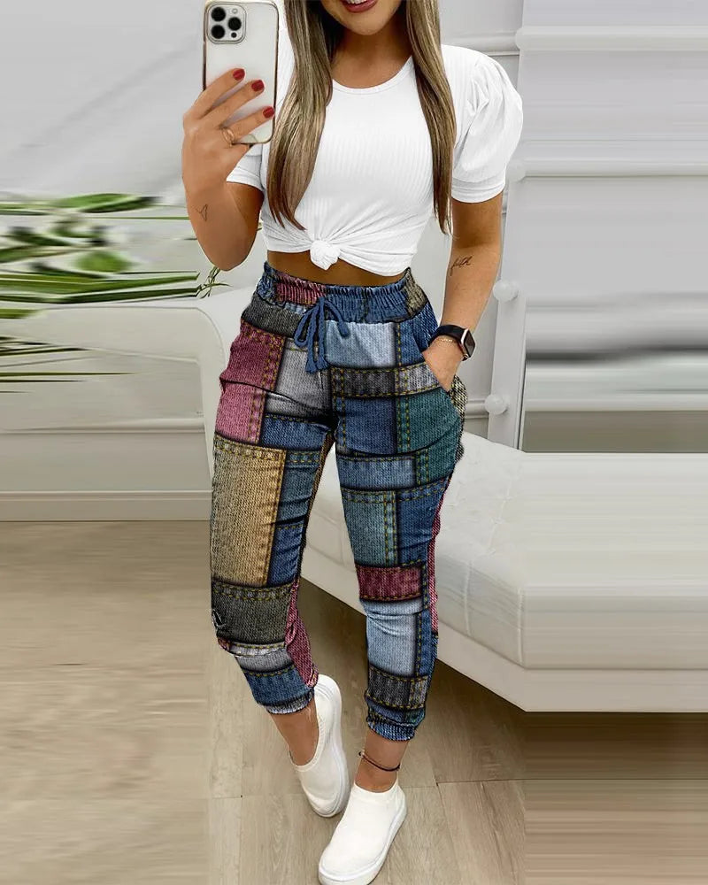 Summer Women's New Short Sleeved Pants Two-piece Commuting Fashion Printed Drawstring Sexy Exposed Waist Pants Set