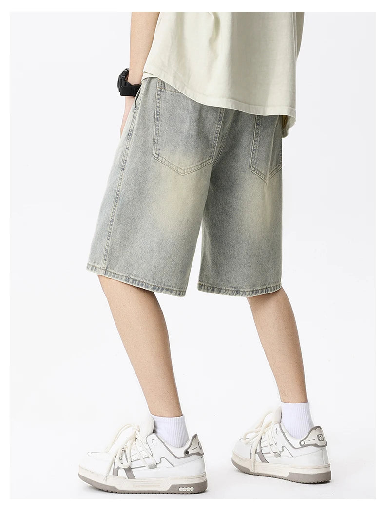 Casual Denim Shorts Men Elastic Waist Straight Comfortable Light Blue Soft Short Pants Baggy Wide Bermuda Male Jeans