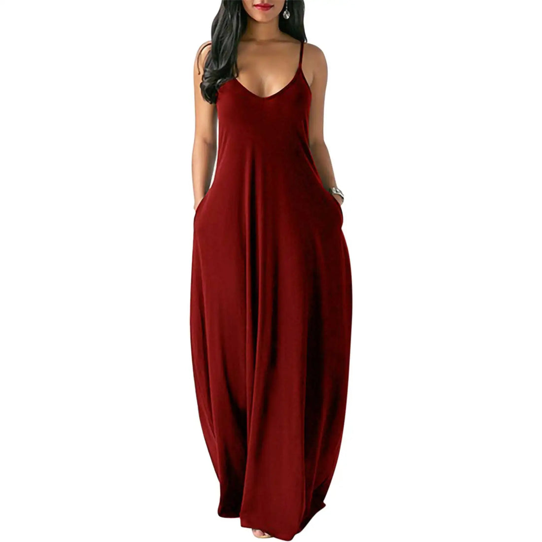 Women Pocket Long Dress Sexy V-Neck Sleeveless Loose Casual Dresses Summer Spaghetti Strap Solid Color Beach Maxi Dress S-5XL