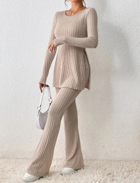 Autumn Winter Fashion Knit Suit 2024 Casual Loose Pullover+Elastic Long Pants Print Knitted Solid Two Pieces Sets Women Clothing