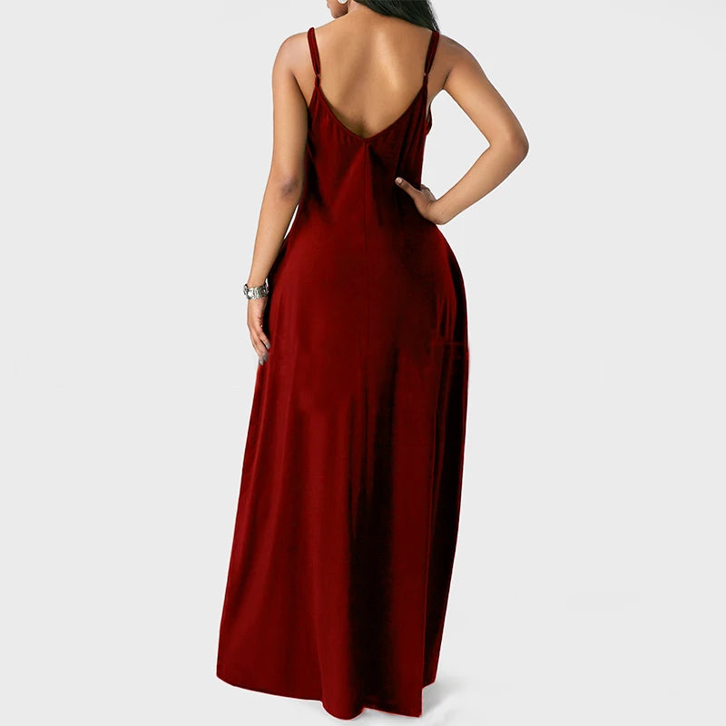 Women Pocket Long Dress Sexy V-Neck Sleeveless Loose Casual Dresses Summer Spaghetti Strap Solid Color Beach Maxi Dress S-5XL
