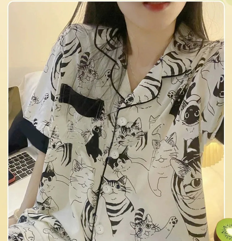 Cartoon Black Cat Cute Women Two-piece Pajamas Simulated Silk Summer Cool Short Lady Sleepwear 2024 New Classic Female Housewear