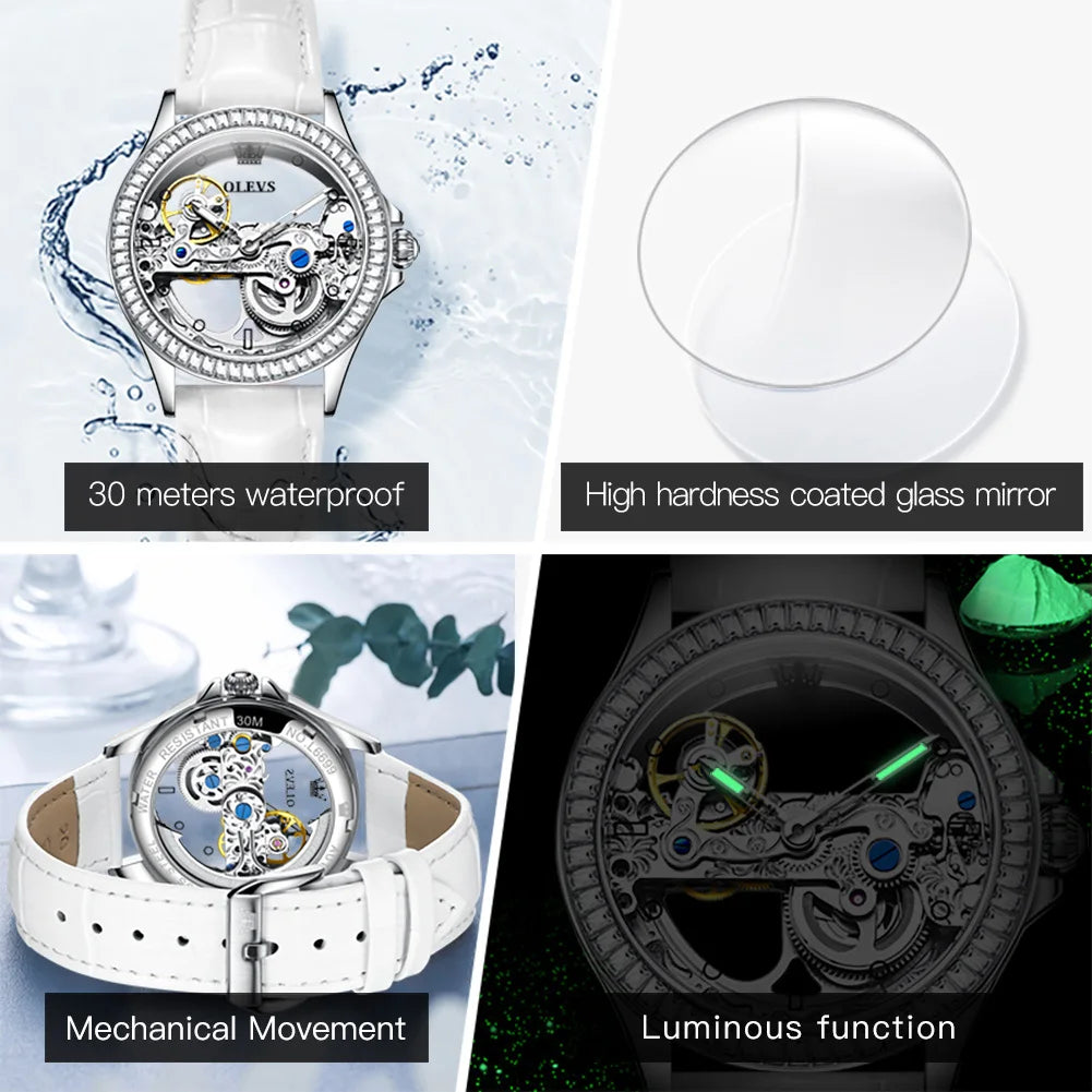 OLEVS Luxury Women Automatic Mechanical Watch Stainless Steel Diamond Inlay Fully Hollow Design Luminous Dial Elegant Wristwatch