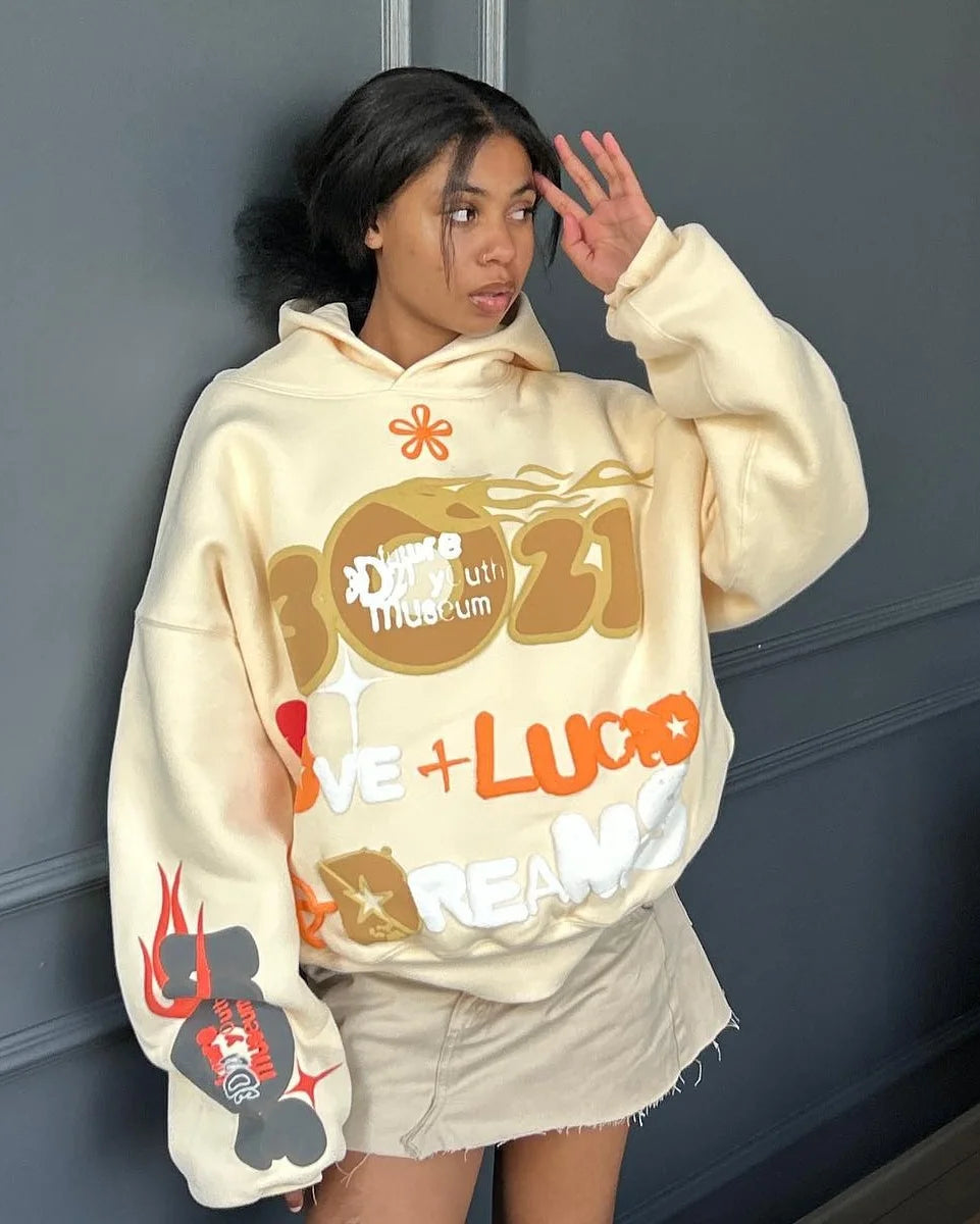American letter puff print Hoodies Women Couples Y2k Tops Sweatshirt Women Goth Streetwear Grunge Clothing Oversized Hoodie