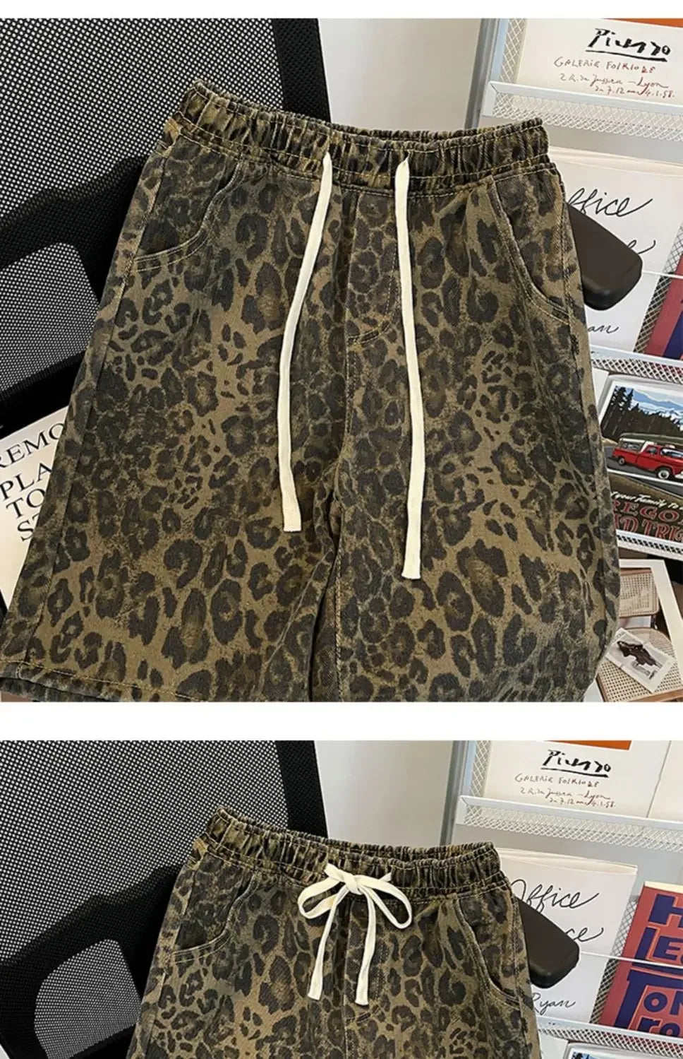 American Retro Leopard Print Denim Shorts Men's High Street Niche Loose Design Five-point Mid-pants