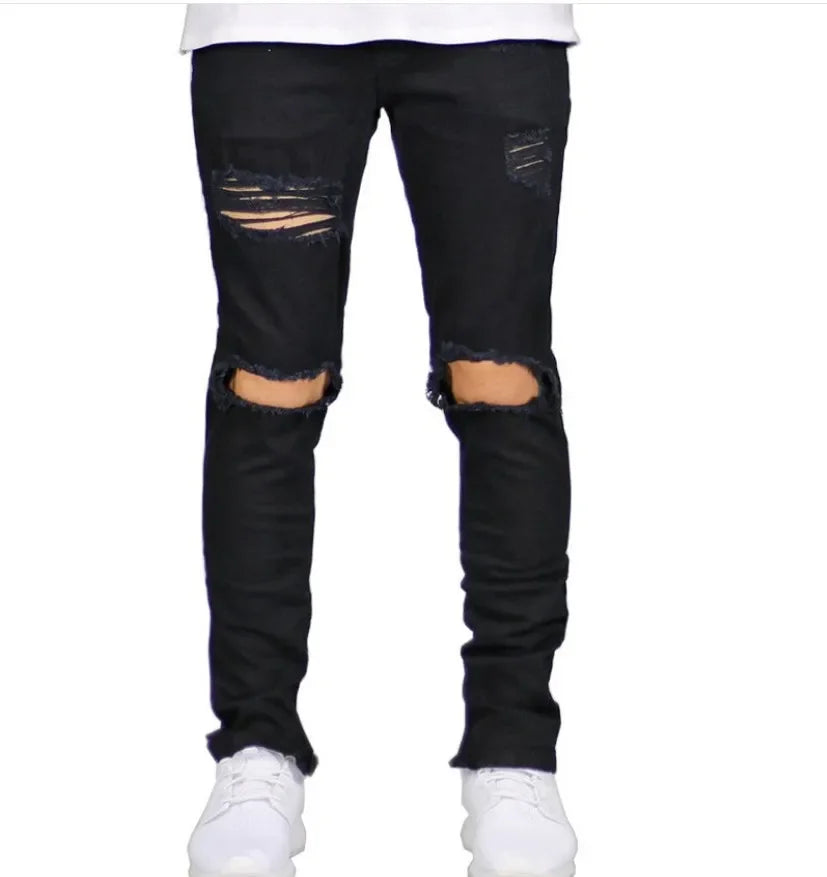 European and American High Street Men's Fashion Ripped Jeans with Zipper At The Ankle, Slim-fit, Spring and Summer Style.