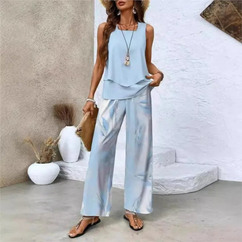 Elegant Square Collar Top Wide Leg Pants Two-piece Set 2025 New Women's Sleeveless Double-layer Vest Pants Set Woman Rompers