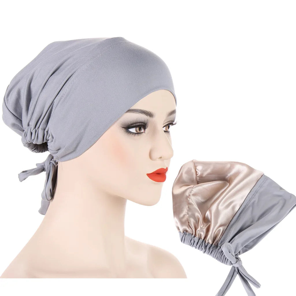 Double Layer Satin Hijab Cap for Women, Islam Undercap with Tie Bonnet, Instant Hijabs, Turkish Scarves, Muslim Turban, Bandana