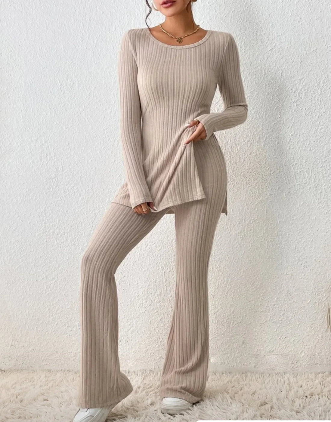 Autumn Winter Fashion Knit Suit 2024 Casual Loose Pullover+Elastic Long Pants Print Knitted Solid Two Pieces Sets Women Clothing