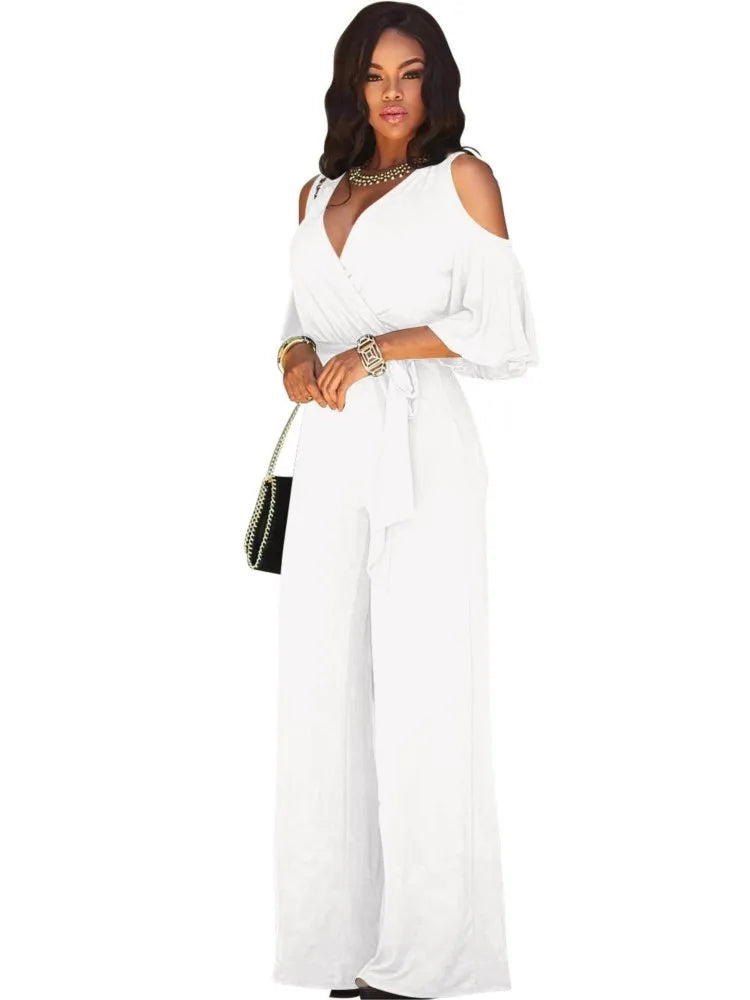 Spring Summer Solid Color Women Sexy Deep V Neck Short Sleeve Rompers Fashion Slim Fit Lace Up Elegant Female Wide Leg Jumpsuit