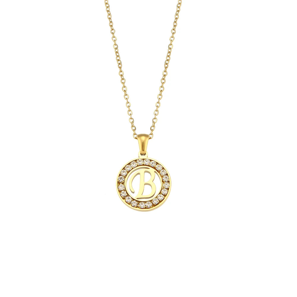 E.B.belle Hollow Round Zircon Paved 26 Alphabet Initial Necklace Ladies Elegant Birthday Gift 18K Gold Plated Letter Necklace