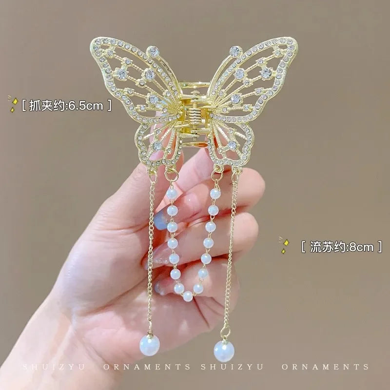 New Exquisite Rhinestone Butterfly Fringe Hair Claw Clips Korean Ponytail Braid Pearl Hairpin Girl Crab Metal Headdress Gift