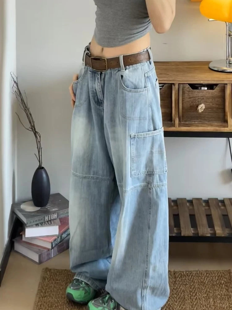 American Retro Cleanfit Print Baggy Jeans Women Y2K Pocket Loose Wide Leg Jeans Cargo Pants Korean Trend Denim Pants Streetwear