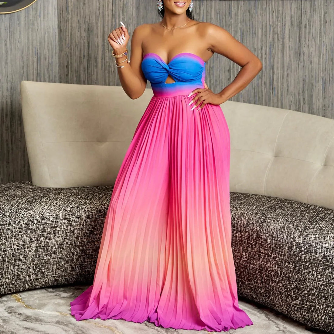 One Piece Women Jumpsuits Strapless Tie Dye Sleeveless Sexy Sling Wide Leg Long Pants Slim Pleated Overalls Backless Rompers
