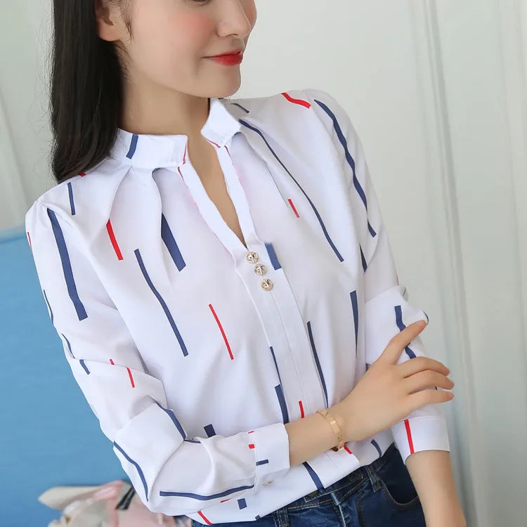 Stripe Women Blouse Fashion Standing Collar Women's Shirt Long Sleeved Shirts and Blouses Printing Ladies Tops Basic Womens Tops
