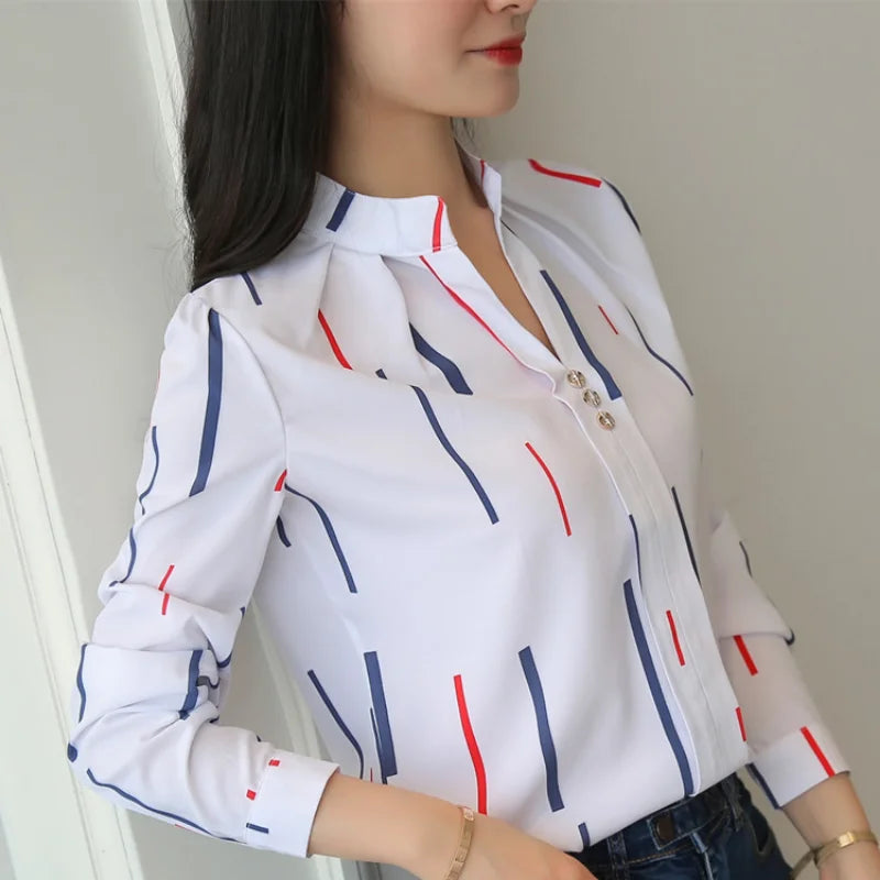 Stripe Women Blouse Fashion Standing Collar Women's Shirt Long Sleeved Shirts and Blouses Printing Ladies Tops Basic Womens Tops