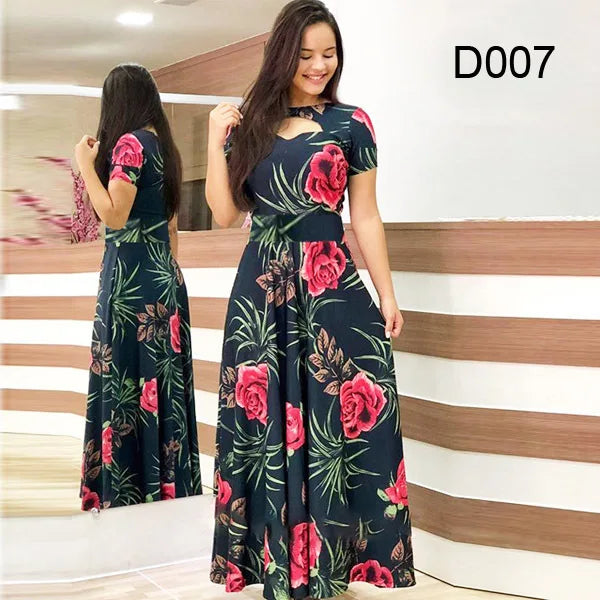 Elegant Spring Women's Dress Casual Fashion Floral Print Short Sleeve Super Long Dress 2023 New Fashion Hollow Out Long Dresses