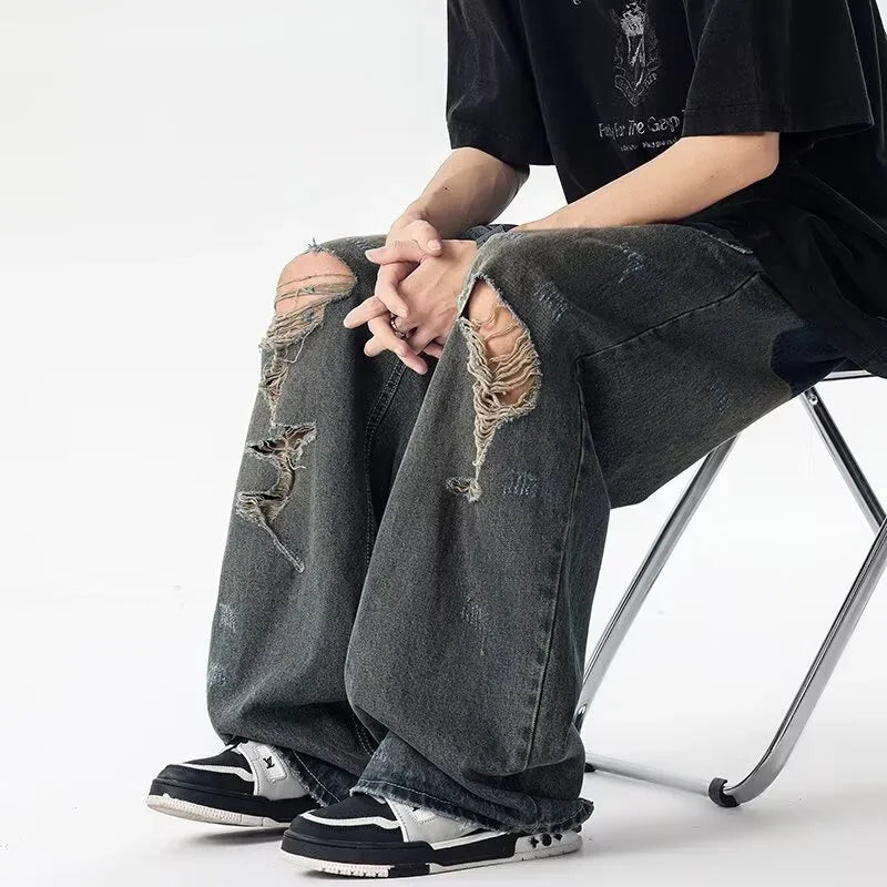 Spring American Retro Ripped Wide-leg Jeans For Men High Street Fashion Distressed Baggy Denim Pants 2025 New Casual Y2K Jean