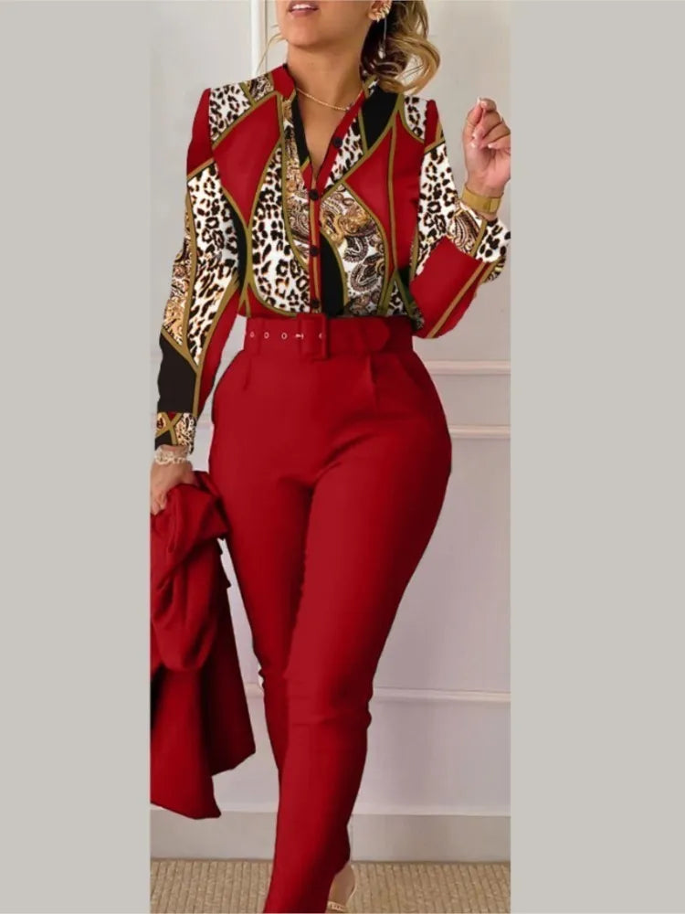 Autumn Winter Stand Neck Floral Print Long Sleeve Shirt Pants Two Piece Sets Elegant Women Casual Shirt Trousers Suits With Belt