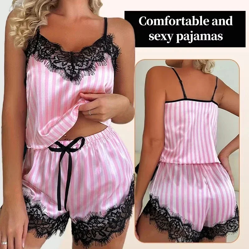 Two Piece Womens V-Neck Sexy Lace Lingerie Suspender Pajama Shorts Set Casual Woman Sleeveless Sexy Pajama Set Female Nightdress