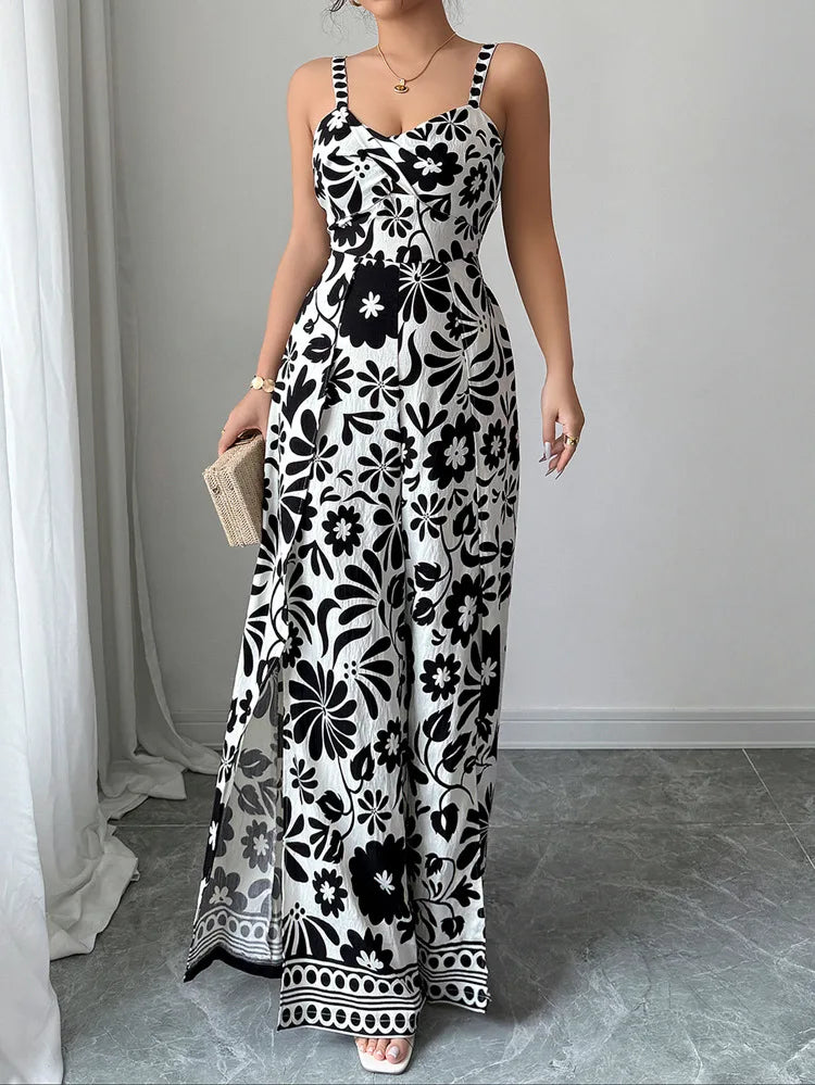 Jumpsuits Sleeveless Women V Neck Print Rompers Wide Leg Length Pants Jumpsuit Sexy High Waist Slight Strech Loose One Piece