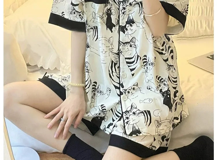 Cartoon Black Cat Cute Women Two-piece Pajamas Simulated Silk Summer Cool Short Lady Sleepwear 2024 New Classic Female Housewear
