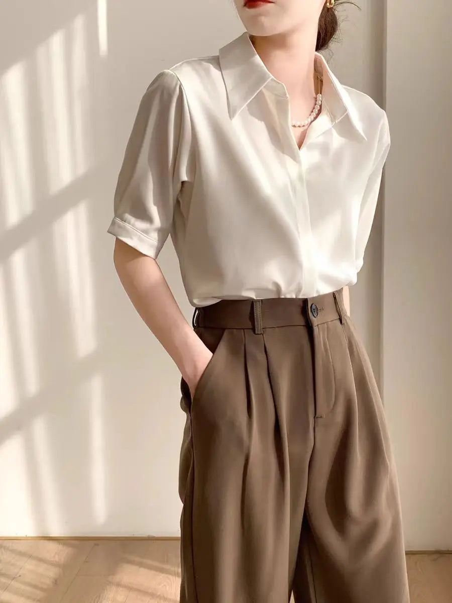 Summer Women's Blouse Casual Loose Short Sleeve Ladies' Shirt Fashion White Pullover Button Up Female Clothing Elegant Waman Top