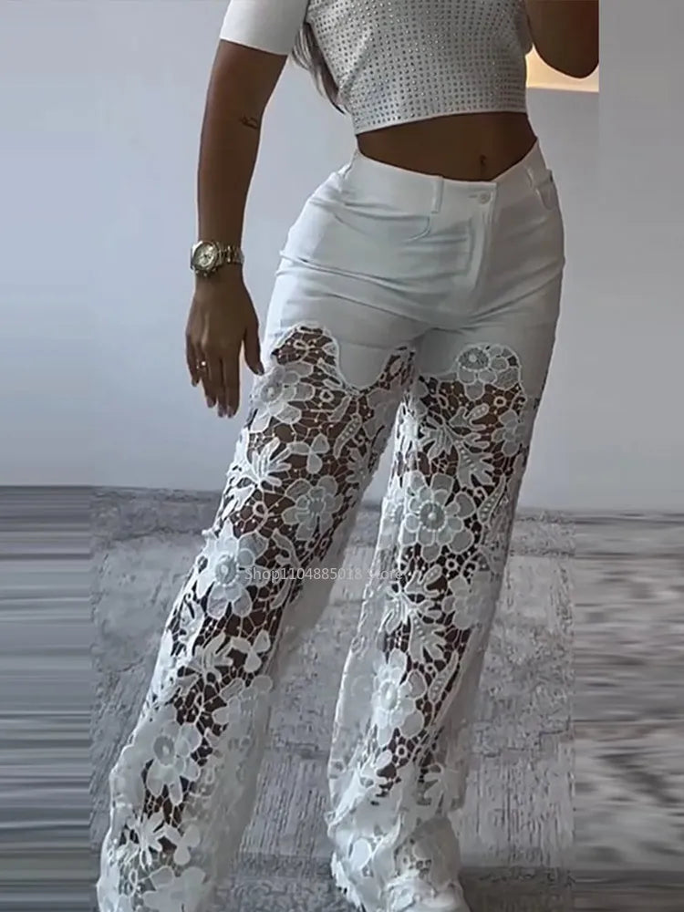 Retro Lace Patchwork Women Blue Denim Pants High Waist Wide Leg Baggy Jeans Chic Y2k Fashion Casual Elegant High Street Trousers