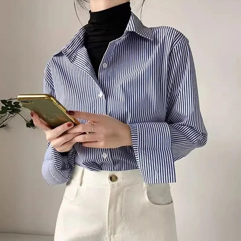 Korean Loose Shirt Classic Striped Woman Spring Autumn Blouses Shirt Lady Long Lantern Sleeve Stand Collar Loose Blusas Tops