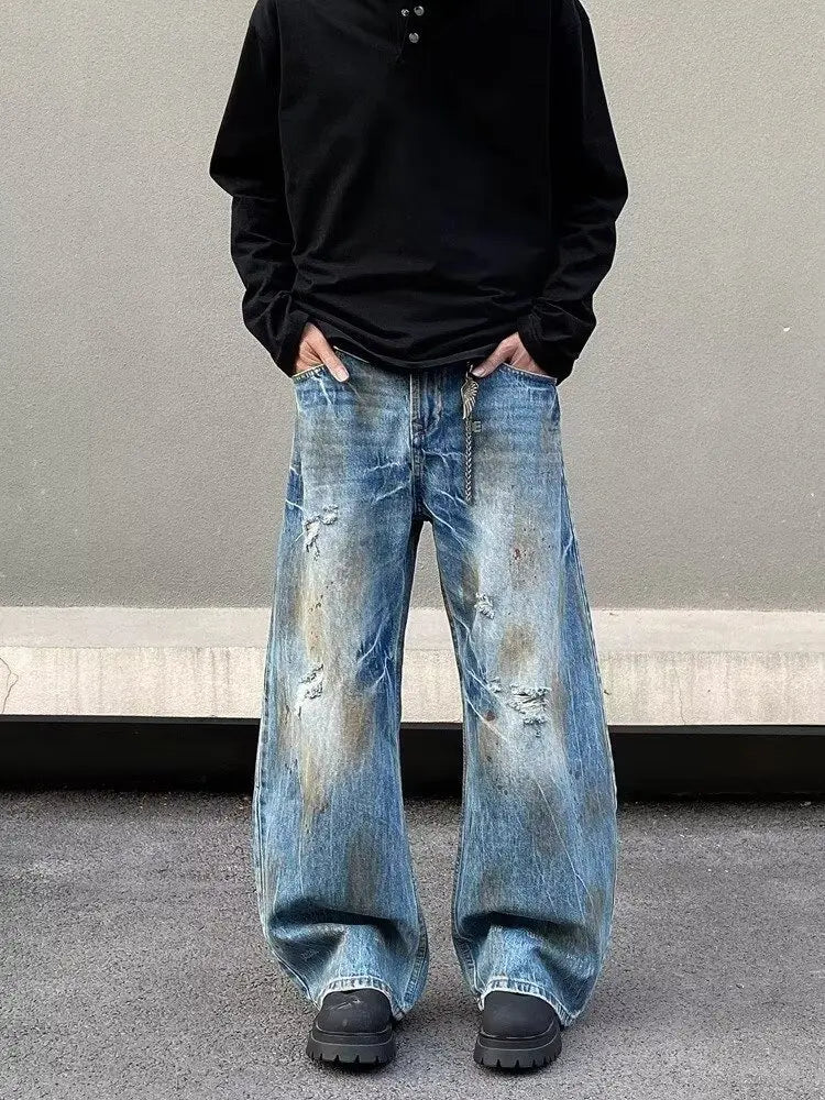 2000S Clothes Y2K Grunge Old Dirty Washed Blue Baggy Ripped Jeans Pants For Men 90S Vintage Clothes Denim Trousers Ropa Hombre