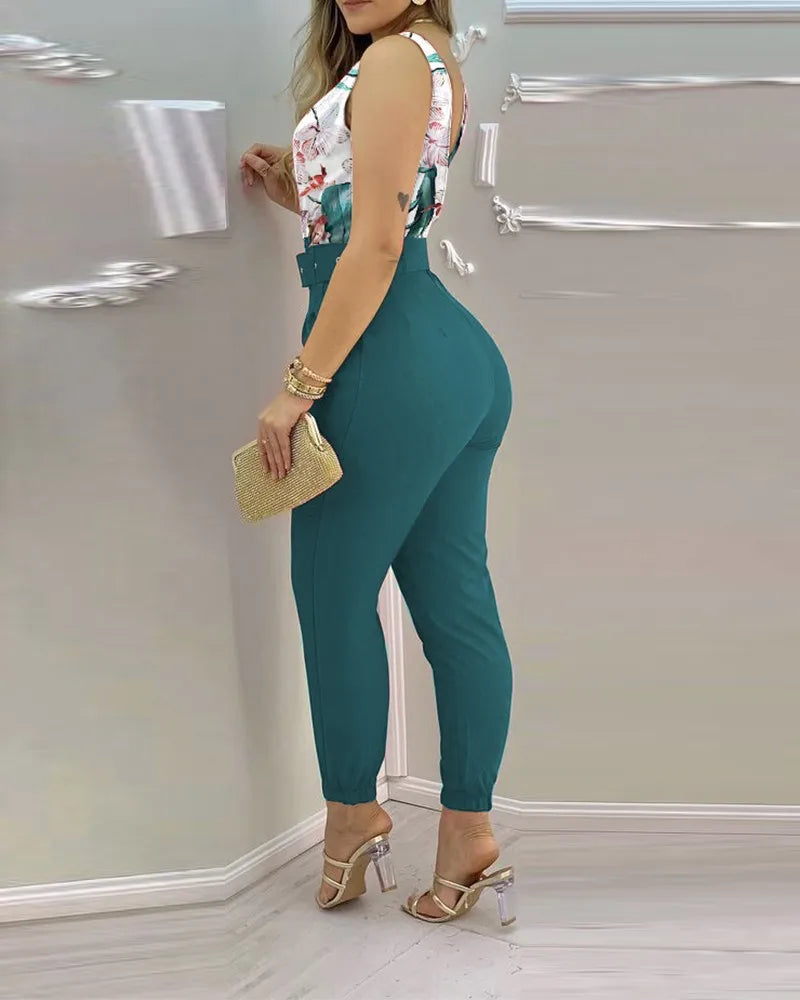 New Casual Women's Pants Women's V-neck Open Back Printed High Waist Jumpsuit Women (including Belt) Spring and Summer 2023