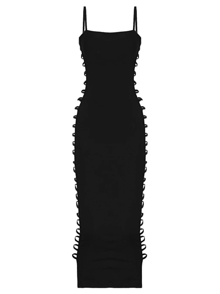 Sexy Side Hollow Out Slim Bodycon Dress Women Sleeveless Solid Color Skinny Long Dress Elegant Club Party Vestidos