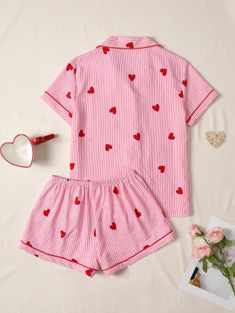Stylish Women's Pink Heart Print Pajama Set Short Sleeve Lapel Top And Comfy Elastic Shorts Suit For Summer Loungewear Homewear