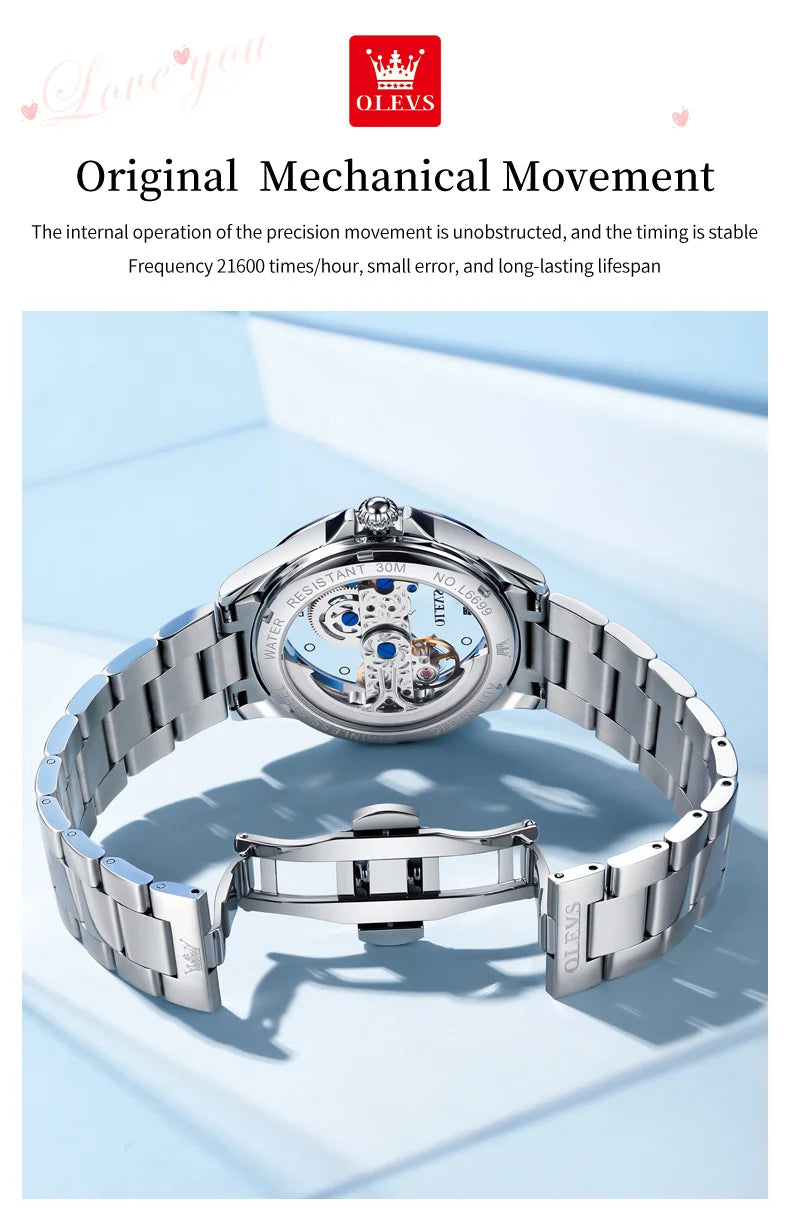 OLEVS Luxury Women Automatic Mechanical Watch Stainless Steel Diamond Inlay Fully Hollow Design Luminous Dial Elegant Wristwatch