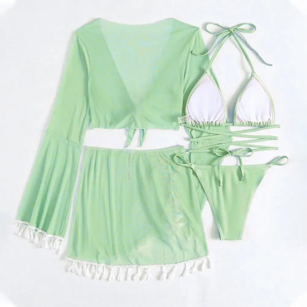 Women Swimsuit Stylish 4pcs Women's Bikini Set with Flared Sleeve Cover Up Halter Bra High Waist Skirt Solid Color for Beach