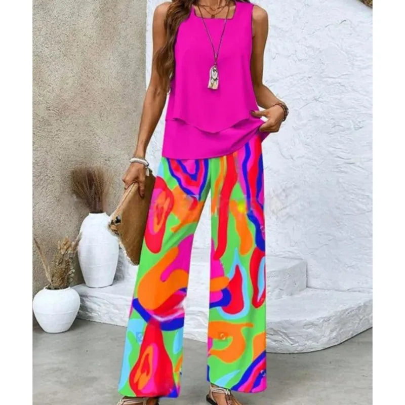 Elegant Square Collar Top Wide Leg Pants Two-piece Set 2025 New Women's Sleeveless Double-layer Vest Pants Set Woman Rompers