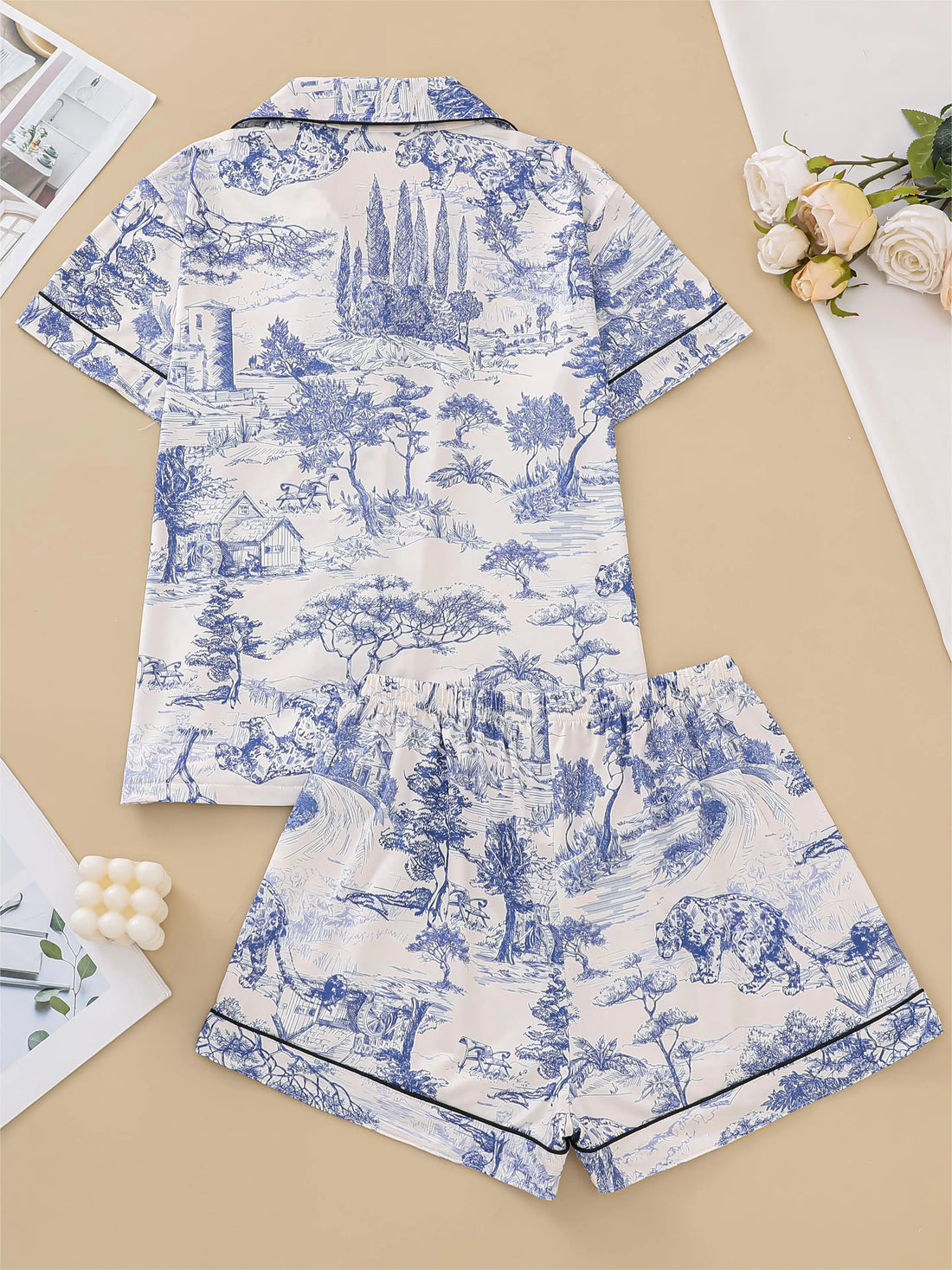 Natural animal print pajama set comfortable short-sleeved lapel top and elasticated waistband shorts women's loungewear
