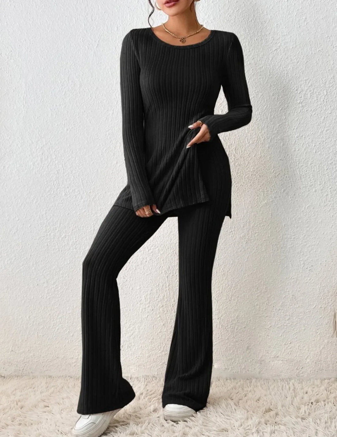 Autumn Winter Fashion Knit Suit 2024 Casual Loose Pullover+Elastic Long Pants Print Knitted Solid Two Pieces Sets Women Clothing