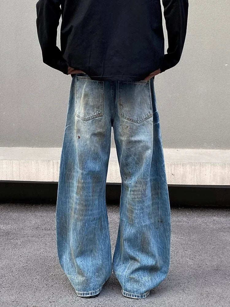 2000S Clothes Y2K Grunge Old Dirty Washed Blue Baggy Ripped Jeans Pants For Men 90S Vintage Clothes Denim Trousers Ropa Hombre