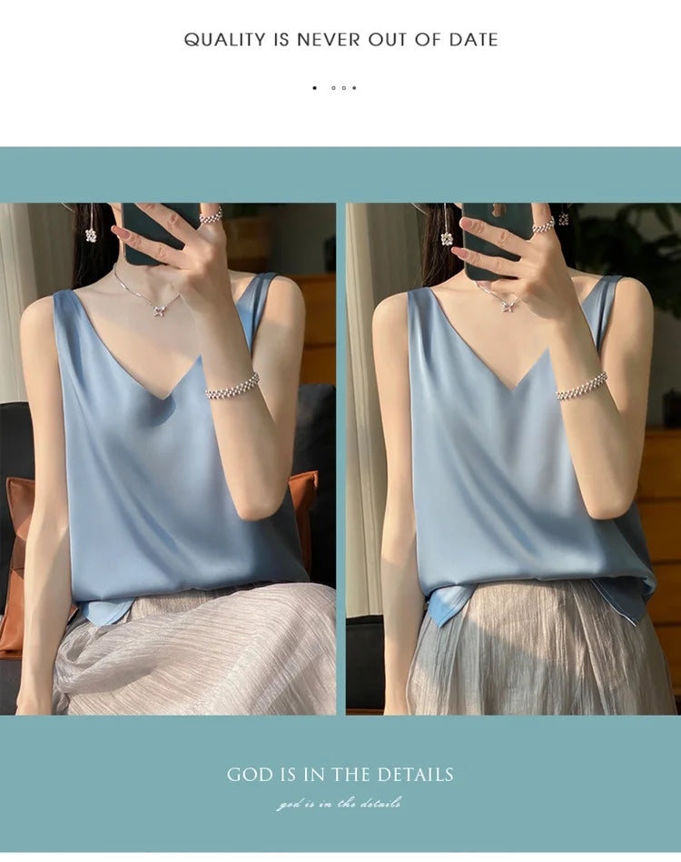 2024 New Silk Satin Women's Tank Top Basic V-neck Multi Color White Black Women's Sleeveless Top Summer Sexy Bottom
